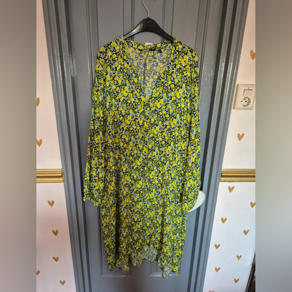 Ulla Popken Yellow and Blue Floral Long Sleeve Dress
